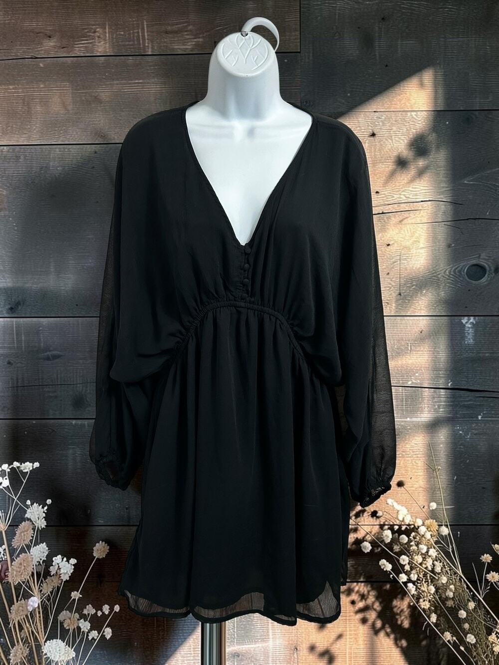 A New Day Black Mini Dress Sz Large Long Balloon Sleeve Chiffon Lined V-Neck